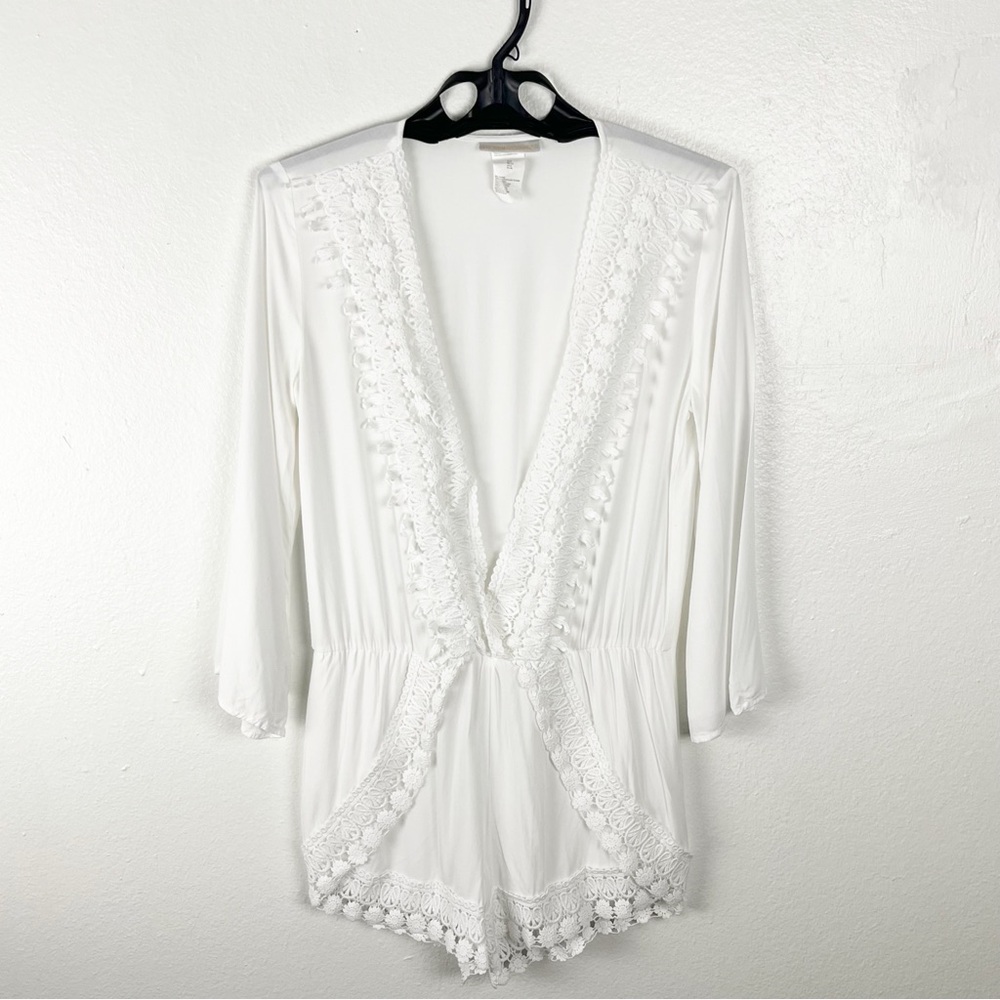 LA BLANCA Costa Brava White Crochet Trim Deep V-Neck Romper Coastal Beach Small